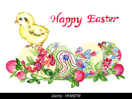 Küken und Eiern mit traditioneller Malerei und Klee Blumen, Design für Karte "Frohe Ostern", hand gemalte Aquarell Abbildung Stockfoto