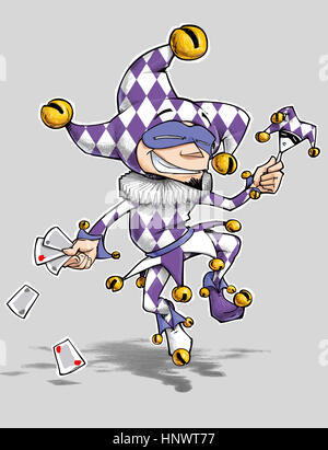 Cartoon Illustration ein tanzender Narr in lila und weißen Diamanten Outfit.  Viel Spass!!! Stockfoto