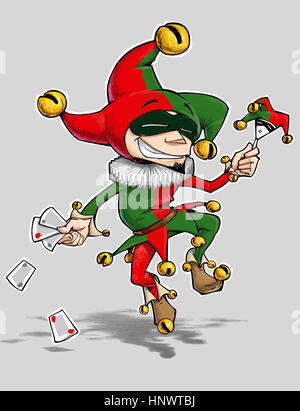 Cartoon Illustration ein tanzender Narr in grünen und roten Outfit. Stockfoto