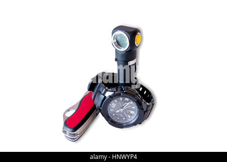 Mann-Attribute. Militärische Uhr. Militär Messer Military Taschenlampe Stockfoto