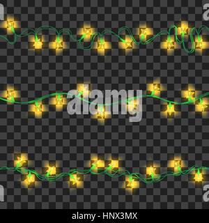 Satz von gelb leuchtende Girlande Lichter mit Halterungen auf transparenten Hintergrund isoliert. Weihnachten, Silvester Party Dekoration realistische Design-Elemente. Stock Vektor