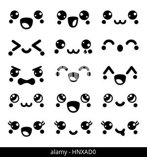 Kawaii süße Gesichter, glückliche Kawaii Emoticons, liebenswerte Charaktere design Stock Vektor