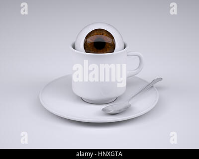 Kaffeetasse mit Augapfel innen, 3d illustration Stockfoto