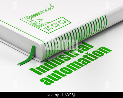Industrie-Konzept: Buch Industriegebäude, Industrieautomatisierung auf weißem Hintergrund Stockfoto