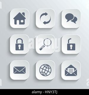 Web Icons set - Vektor weiße app-Buttons mit home aktualisieren Blase Sperre Suche innerhalb von Sprachtranskripten entsperren Mail Globus Stock Vektor