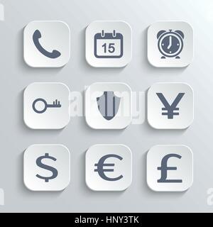 Finanzieren Sie Icons Set - Vektor-weiße app-Buttons mit Telefon Kalender Wecker wichtige Schild Euro-Dollar-Pfund yen Stock Vektor