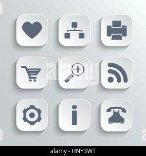 Web Icons Set - Vektor-weiße app-Buttons mit Herzen folgen Drucker Sitemap shopping Cart Zoom RSS-Einstellungen Getriebe Informationen Telefon Stock Vektor