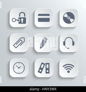 Office-Symbole einstellen - Vektor weiße app Tasten mit Lock Key Credit-Card Festplatte Clip Stift Kopfhörer Uhr Ordner wi-Fi zone Stock Vektor