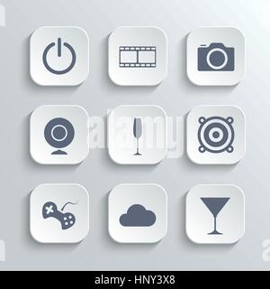 Multimedia-Symbole einstellen - Vektor weiße app Tasten mit Film Kamera Webcam Party Disco Spiel Wolke cocktail Machtsymbole Stock Vektor