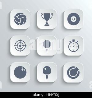 Vektor weiße app Tasten mit Volleyball Trophy Cup Billard Golf Stoppuhr bowling-Ping-Pong-Tennis einstellen - Sport-Symbole Stock Vektor