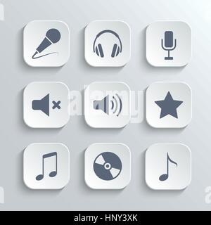 Mediensatz Ikonen - Vektor weiße app-Buttons mit Retro-Klassiker Kopfhörer Mikrofon stumm Volumen Sterne Musik-Hinweis-CD Stock Vektor