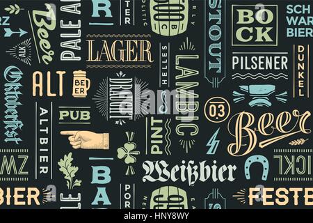 Nahtlose Muster mit Biersorten und handgezeichneten Schriftzug Stock Vektor