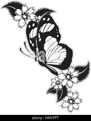 Fliegender Schmetterling mit Blumen und Blätter Stock Vektor