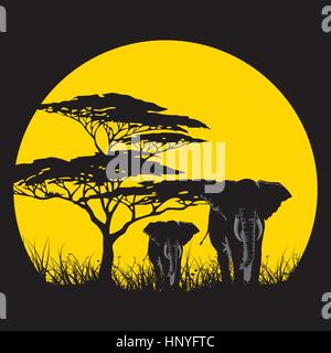 Vektor-Illustration der wilden Elefanten Familie in afrikanischen Sonnenuntergang Savanne mit Bäumen. Stock Vektor