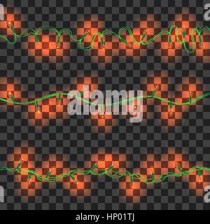 Satz von Orange leuchtende Girlande Lichter mit Halterungen auf transparenten Hintergrund isoliert. Weihnachten, Silvester Party Dekoration realistische Design-Elemente. Stock Vektor