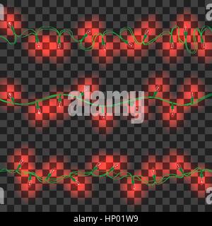 Satz von weißen glänzenden Girlande Lichter mit Halterungen auf transparenten Hintergrund isoliert. Weihnachten, Silvester Party Dekoration realistische Design-Elemente. G Stock Vektor