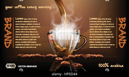 Realistische Splash fließt Kaffee Mockup-Vorlage für das branding, Werbung und Produkt entwirft. Frische dampfende Getränk in eine Glasschale und geröstete Bohnen Stock Vektor