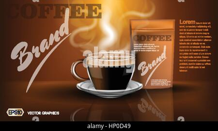 Realistische heiße Kaffeetasse und Paket Mockup Vorlage für branding, Werbung und Produkt entwirft. In einer Tasse trinken frische dampfend heiß Stock Vektor