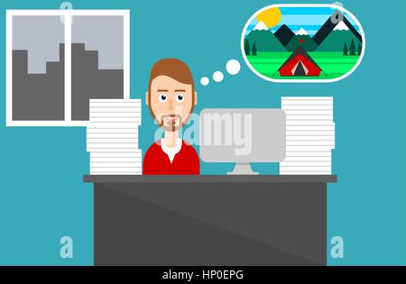 Mann sitzt im Büro denkt über Urlaub. Geschäftsmann an der Arbeit stellt sich die Flucht in die Natur. Männliche Figur träumen über Campen. Vektor Stock Vektor