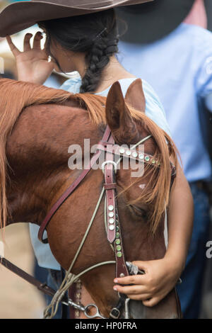 Mädchen streichelt den Kopf auf seinem Pferd. Weibliche Rodeo-Wettbewerb in Las Malocas Park gefeiert. Villavicencio, Kolumbien. Stockfoto