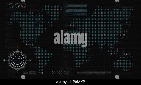 Head up-Display. Futuristische Hintergrund mit Computercode, HUD Elemente der Benutzeroberfläche und gepunktete Weltkarte für Ihr design Stock Vektor