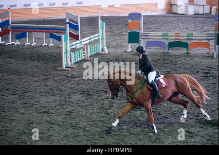Schönes junges Mädchen jockey mit ihrem Pferd Dressing einheitliche Wettkampf Stockfoto