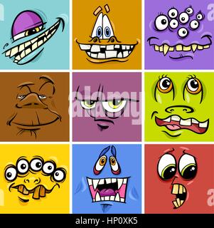 Cartoon Illustration Fantasy Monster Zeichen Gesichter Set Stock Vektor
