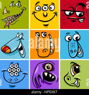 Cartoon-Illustration der Monster fiktive Charaktere Gesichter Set Stock Vektor