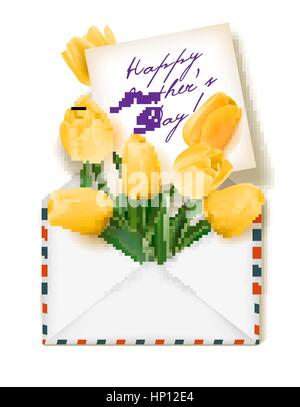 Tulpen mit einer Notiz in einem Umschlag. Vorlage für eine Einladung, Grußkarte, Banner. Glückliche Frauen Tag Card Konzept Frühjahr Hintergrund. Vektor. Das Konzept der Blumenlieferung. Stock Vektor