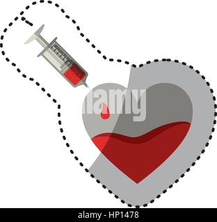bunte Aufkleber Nadel Spritze spenden Blut in Herz-Form-Vektor-illustration Stock Vektor