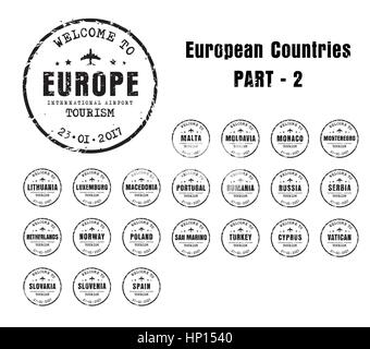 Satz der alten getragen Briefmarken-Pass mit dem Namen der europäischen Länder. Vorlagen Sign. für die Reisen und Flughafen Teil 2 Stock Vektor