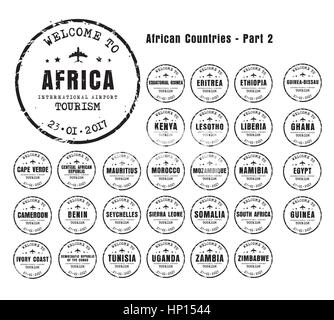 Alte abgenutzte Briefmarken-Pass mit dem Namen der afrikanischen Länder zu entwerfen. Vorlagen Sign. für die Reisen und Flughafen Teil 2. Satz Stock Vektor