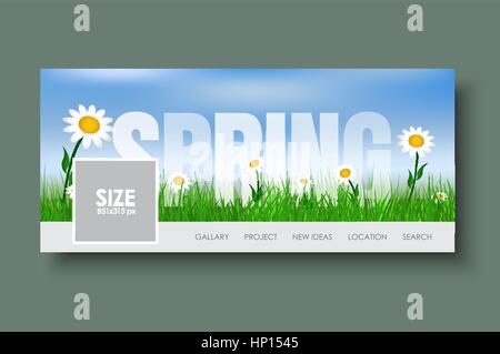 Gestalten Sie Web-Banner mit Frühlingslandschaft. Vorlage mit grünem Rasen und Wildblumen auf dem Hintergrund des blauen Himmels. Vektor-illustration Stock Vektor