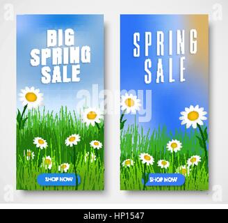 Satz von vertikalen Web-Banner für den Frühling-Vertrieb. Flyer Vorlage mit grünem Rasen, Blumen und klicken Sie auf den Hintergrund des Himmels. Vektor-illustration Stock Vektor