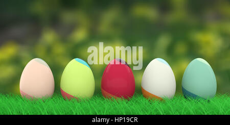Bunte Ostereier auf Rasen auf Natur Hintergrund. 3D illustration Stockfoto