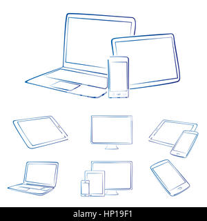 Handgezeichnete Digitalgeräte in blau und weiß Stockfoto