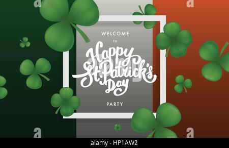 Glücklich St. Patricks Day Schriftzug mit Klee. Stock Vektor