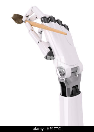 Roboter-Arm-Malerei mit Pinsel Closeup isoliert auf weißem Blick von oben 3d illustration Stockfoto