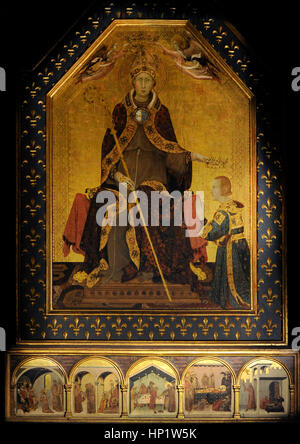 Simone Martini (h.1284-1344). Italienischer Maler der Sieneser Schule. Saint Louis von Toulouse Krönung Robert von Anjou, König von Neapel, 1317. In der Predella, Szenen aus dem Leben der Heiligen. Museum von Capodimonte. Neapel. Italien. Stockfoto