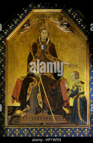 Simone Martini (h.1284-1344). Italienischer Maler der Sieneser Schule. Saint Louis von Toulouse Krönung Robert von Anjou, König von Neapel, 1317. In der Predella, Szenen aus dem Leben der Heiligen. Museum von Capodimonte. Neapel. Italien. Stockfoto