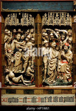 Englische Künstler. Herstellung von Nottingham. Triptychon von Leidenschaft, ca.1350-1400. Detail der Kuss des Judas und Jesus vor Pilatus. Alabaster, Holz und Glas. Nationales Museum von Capodimonte. Neapel. Italien. Stockfoto