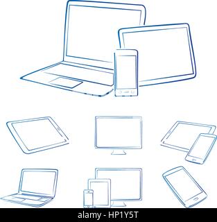 Handgezeichnete Digitalgeräte in blau und weiß Stock Vektor