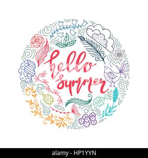 die Hand gezeichnete Sommer unter dem Motto Phrasen. Modernen Stil Schriftzug. Hallo Sommer. Stock Vektor