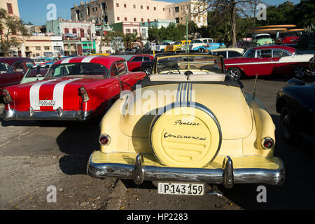 Bunt bemalte vollständig restaurierte 50er Jahre amerikanische Autos geparkt zusammen im Centro Havanna Kuba Stockfoto