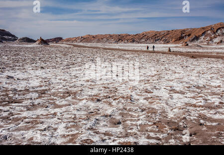 Straße über Valle de la Luna (Tal des Mondes) und Salz auf dem Boden abgelagert, Atacama Wüste. Region Antofagasta. Chile Stockfoto