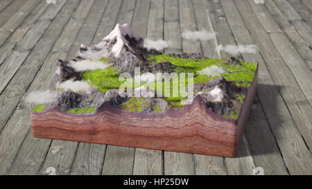 Modell der Querschnitt des Bodens mit Bergen, Wiesen und Wolken (3d Illustration) Stockfoto