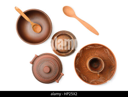 Keramik (Topf, Teller, Tasse) isoliert auf weißem Hintergrund. Ansicht von oben. Stockfoto