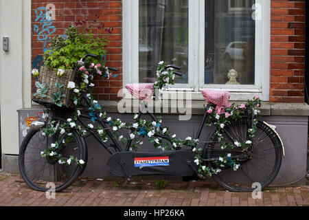 Nahaufnahme von einem Tandem-Fahrrad, geschmückt mit Blumen, Amsterdam, Niederlande Stockfoto