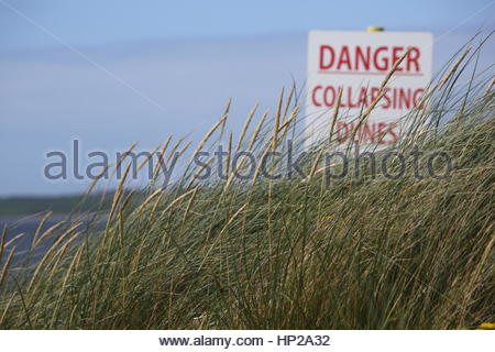 Der Wind weht durch Gras- und Schilf auf einer Sanddüne im Westen von Irland mit ein Gefahrenzeichen im Hintergrund Stockfoto