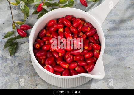 Hagebutten-Marmelade Kochen, Marmelade aus Hagebutten Kochen, Geerntete Früchte in Einem Topf, nötigenfalls-Rose, Hundsrose, Heckenrose, Rose, Wildrose, Früc Stockfoto